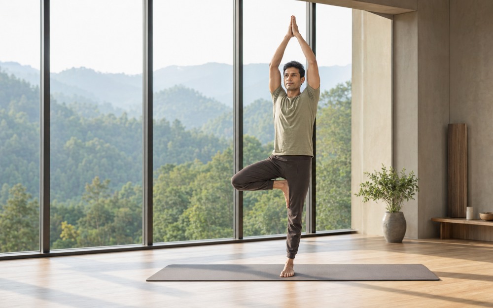 yoga teacher in tree pose yoga teacher in tree pose