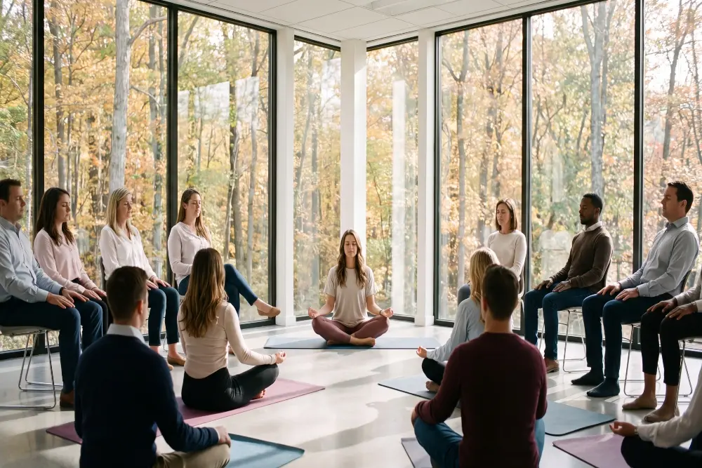 group meditation session with yoga practitioners in a peaceful indoor studio at mrityunjay yogpeeth group meditation session with yoga practitioners in a peaceful indoor studio at mrityunjay yogpeeth