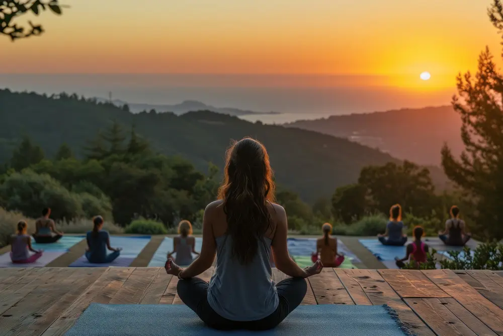 yoga students practicing meditation at sunrise in the rishikesh yoga students practicing meditation at sunrise in the rishikesh