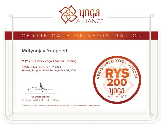 200 Hour Yoga Alliance Certificate
