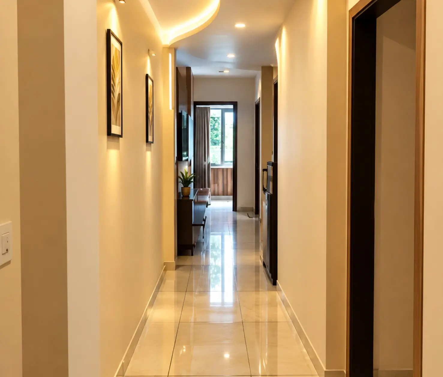 Modern accommodation interior hallway at Tilak Road